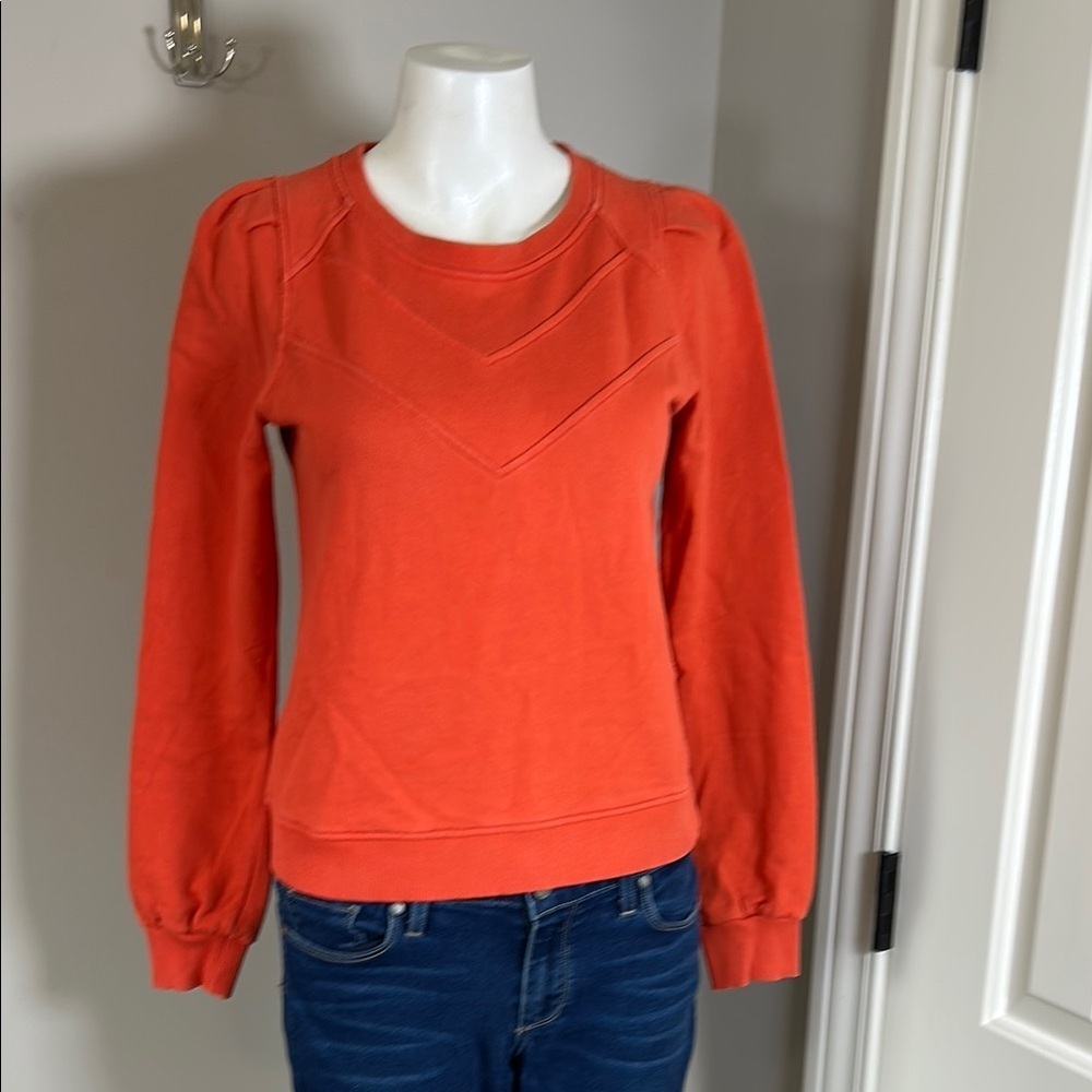 ME EM Rib Trim Feminine Sweatshirt Orange Puff Pouf Sleeve Crewneck Top Sz 10
